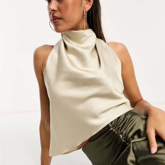 Asos Satin Beige Tie Halter Top - Picture 1 of 3